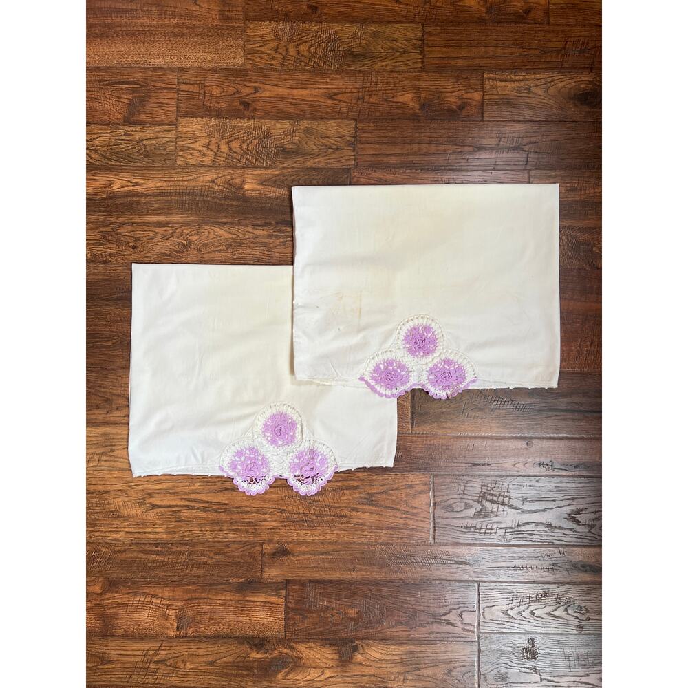 Vintage Linens - Pair of Embroidered Pillowcases - Purple Crochet Doilies